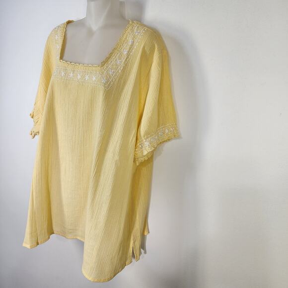 Denim & Co. Top Womens Short Sleeve Gauze Peasant Embroidery 3X Yellow Square - Picture 4 of 11